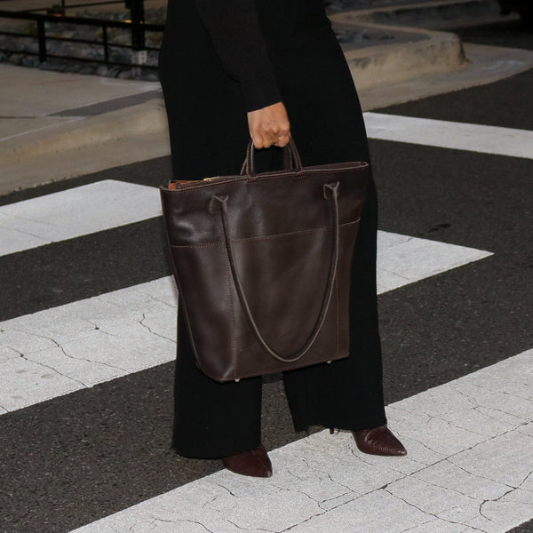 Women's Brown Leather Utility Tote Bag Purse With Laptop and Multiple pockets. Handcrafted. Quiet Luxury.