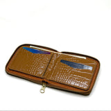 Everyday croco zip leather wallet for women showing open card and cash slots. 3 stylish colors black, brown mocha, cream 