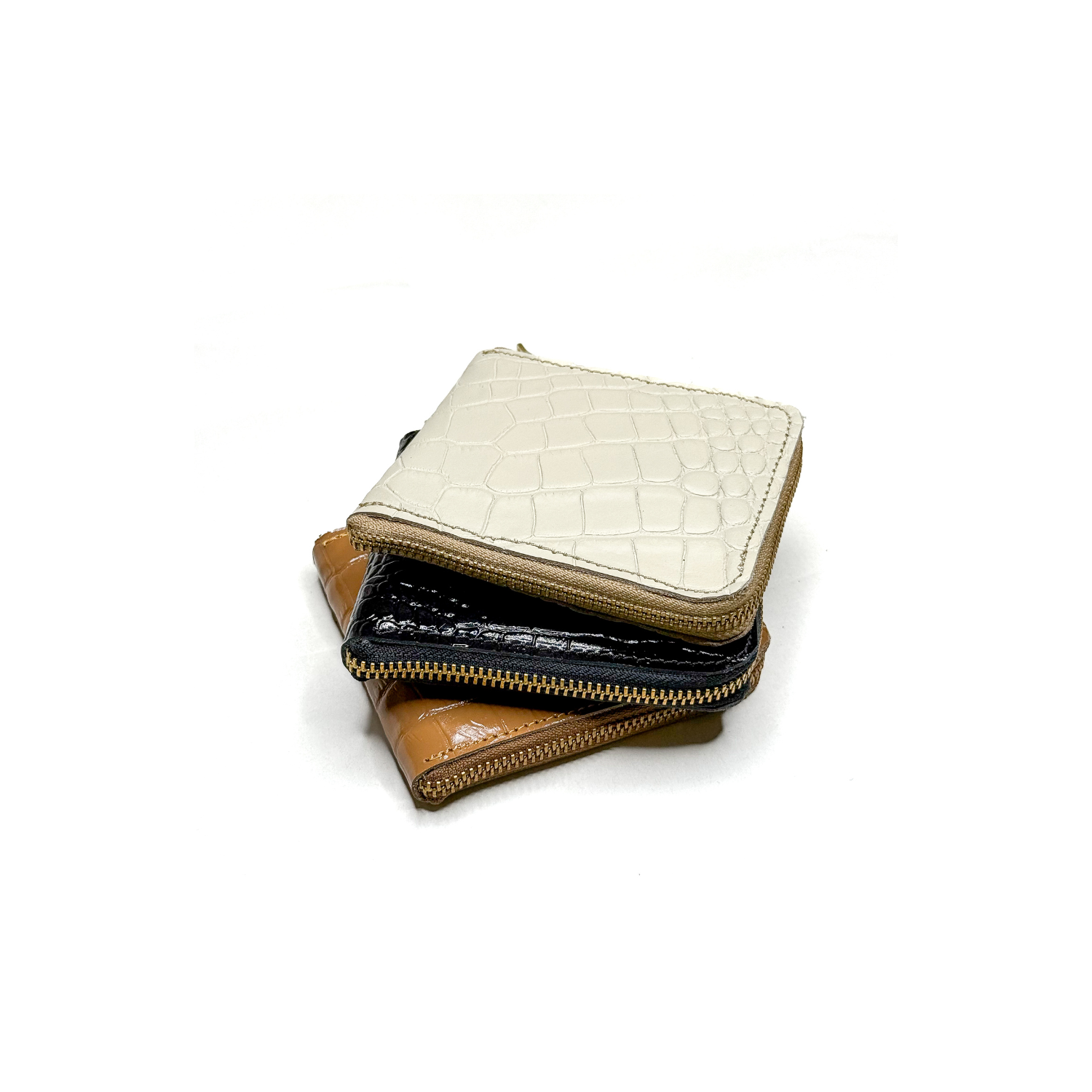 Everyday croco zip leather wallet for women showing all colors black, brown mocha, and cream 